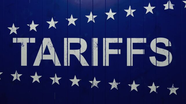 Panels slide revealing tariffs text on blue background