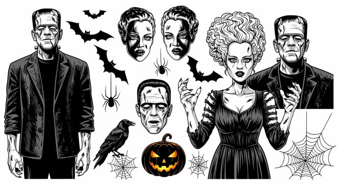 Vintage Classic Horror Monsters Vector Illustration Set - Frankenstein, Bride, Bats, Spiders, Crow, and Jack-o'-lantern Graphics for Halloween Decor and Creative Projects