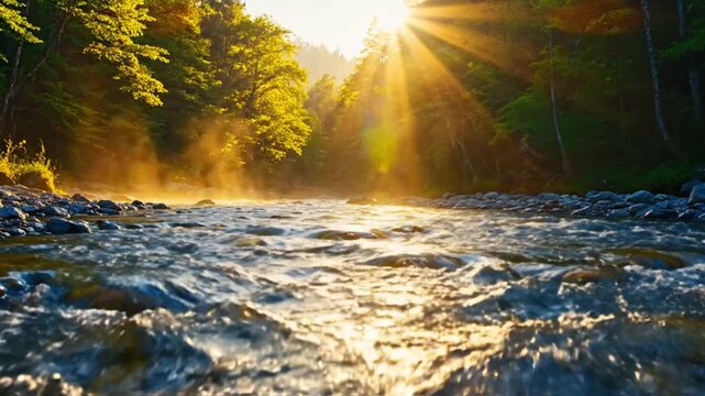 Serene forest river landscape with sun rays shining through trees at sunrise or sunset with mist rising from the water surface