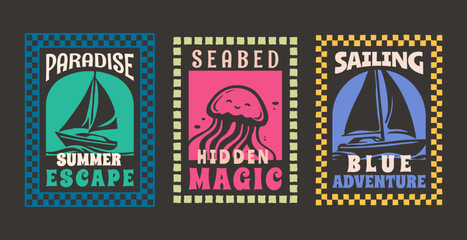 Set of Retro Summer Beach Vibes Flat Illustration for T-Shirt Print with Slogans, Vintage Tropical Apparel Sticker Design with Sailboat, Jellyfish, Coastal Travel Poster Badge Collection © Whiskerz