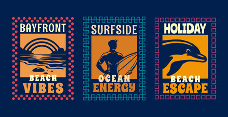 Set of Retro Summer Beach Vibes Flat Illustration for T-Shirt Print with Slogans, Vintage Tropical Apparel Sticker Design with Sunset, Surfer, Dolphin, Coastal Travel Poster Badge Collection © Whiskerz