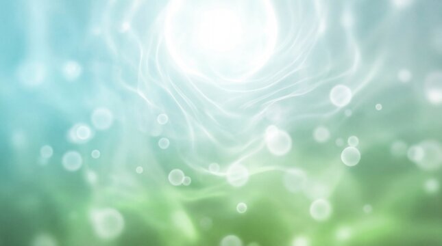 Abstract light bokeh background featuring soft glowing particles and radiant sunbeams in a dreamy teal and green gradient for modern digital design projects