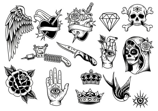 Vintage Traditional Tattoo Flash Art Vector Set: Old School Ink Illustrations of Skull, Rose, Heart, Dagger, Swallow, and Crown