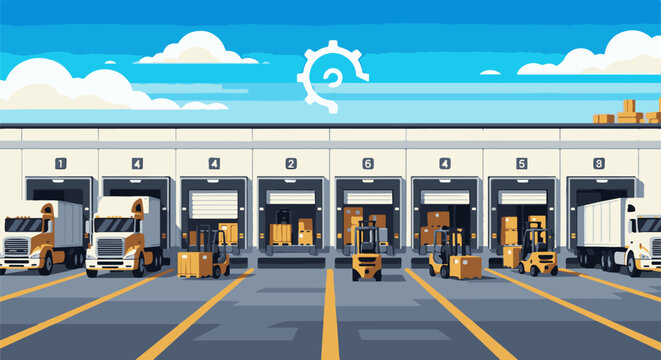 Pixel art scene of a loading dock with trucks, forklifts, and boxes under a blue sky