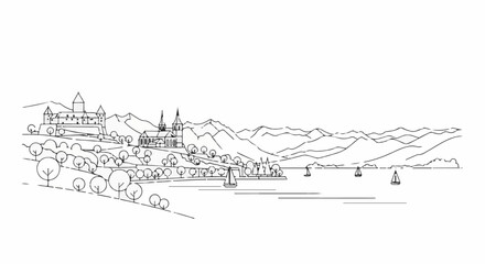 Fototapeta premium Castle and church overlook a serene lake with sailboats and distant mountains