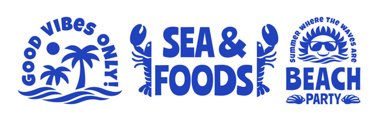 Set of Vector Illustration Emblems for Summer Club, Seafood, Beach Party , Retro Seafood Logo, Vintage Tropical Beach Graphics with Lobster, Sunset, Palm Tree for T-Shirt Print, Poster, Coastal Design © Whiskerz