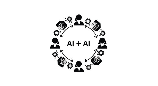 Artificial intelligence AI technology concept with robots and gears in circular flowchart for innovation and machine learning