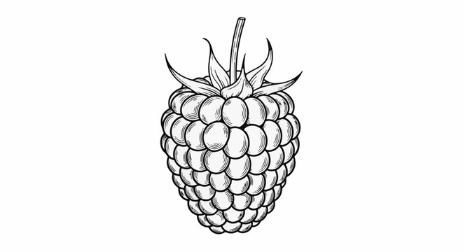 Stylized black and white line art drawing of a single ripe raspberry