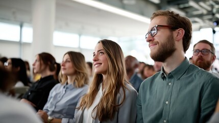 Obraz premium Smiling attendees listening during a business conference in a bright modern venue.