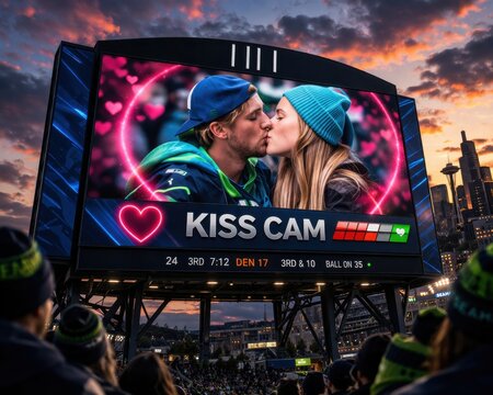 Large stadium video board showing a kiss cam moment during a football game at sunset. Modern arena architecture, dramatic sky, crowd atmosphere, sports entertainment concept.