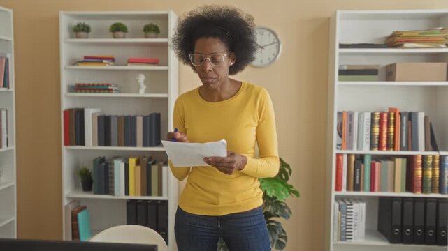 Woman holding papers and gesturing while speaking in building office; focused instruction concern briefing.
