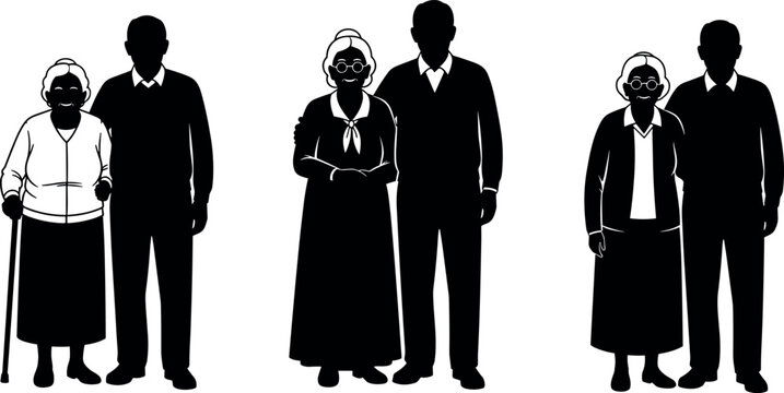 Silhouettes of Senior Couples and Elderly Pairs Standing Together for Retirement Concept Aging Population and Grandparents Day Vector Illustration Set