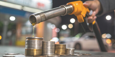 Industrial background. impact of rising fuel prices on fuel nozzles dripping onto stacked coins