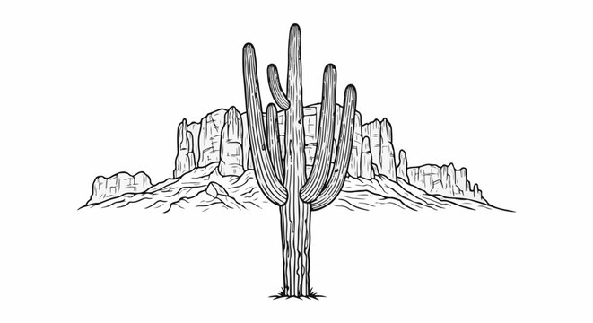 Stylized ink drawing of a Saguaro cactus in front of rocky desert mesas