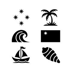 Obraz premium Minimal Samoa Flag Day Icons Collection – Southern Cross, Coconut Tree, Ocean Wave, Flag, Sailboat, Conch Shell 
