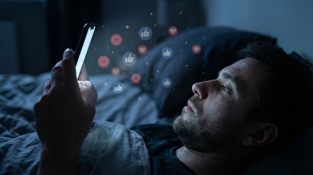 Young man lying in bed at night scrolling smartphone with social media notifications symbolizing digital addiction and sleep disruption. 
