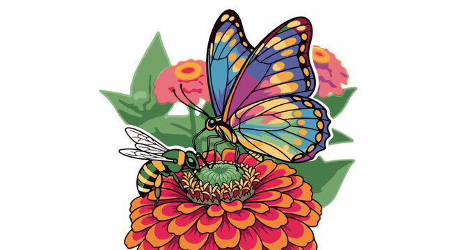 Vibrant butterfly and bee on a colorful zinnia flower, surrounded by leaves
