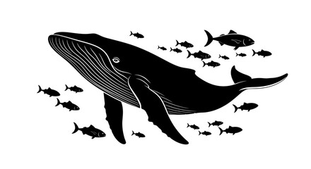 A large black whale swims with a school of smaller fish in a minimalist illustration against a white background. © Rani