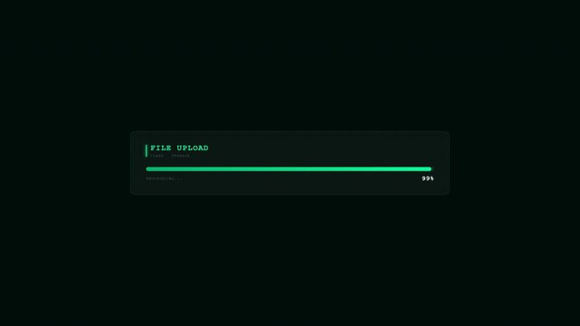 Green progress bar animation indicating file upload or download, a visual element for UI design, with a loading bar and text label