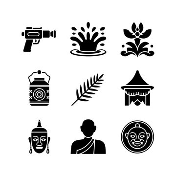 Thingyan Water Festival Icon Set &ndash; Water Gun, Splash, Thanaka, Palm, Monk Robe, Thagyamin Mask
