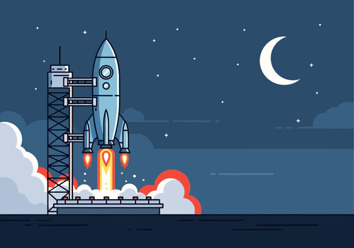 Space Rocket Launch Vector Illustration, Startup Launch Concept, Spaceship Taking Off from Launchpad at Night with Moon and Stars
