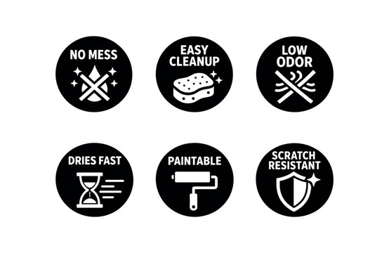 Household care badge icon set. no mess, easy cleanup, low odor, dries fast, paintable, scratch resistant, cleaning and maintenance features. line, flat and colored vector icon set.