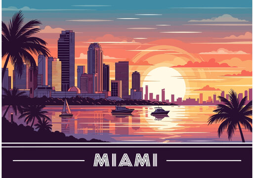 Miami Florida Skyline Retro Travel Poster Illustration - Tropical Sunset Scene with Skyscrapers, Palm Trees, and Boats on Water