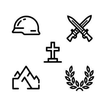 Bataan Day Icon Set in Minimal Outline &ndash; Helmet, Rifle, Memorial Cross, Mountain, Laurel
