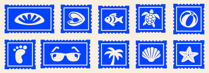 Retro Tropical Beach Postcard Stamp Set, Retro Summer Vibes Print, Ocean Travel Stamp, Vacation Postage Sticker Collection Vector Illustrations for T-Shirt, Scrapbook, Poster © Whiskerz