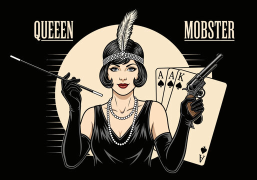 Vintage 1920s Mobster Queen Illustration - Roaring Twenties Flapper Girl with Revolver, Cigarette Holder, and Poker Playing Cards