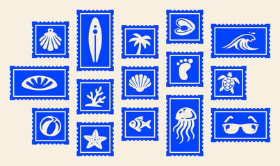 Retro Beach Postage Stamp Collage, Vintage Tropical Coastal Flat Vector Illustration Composition with Surfboard, Waves, Turtle, Fish, Jellyfish, Shells, and Summer Icons for Scrapbook, Travel Designs © Whiskerz