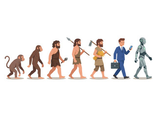 Naklejka premium Evolution of humanity from ancient origins to modern technological advancements and the future of artificial intelligence in society