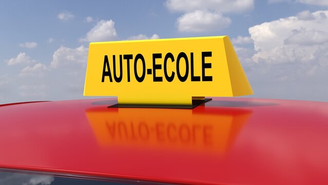 Driving school car with yellow rooftop sign and beginner driver sticker on rear window, learner driver concept - 3D rendering