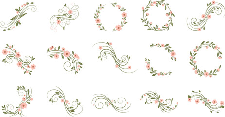 Obraz premium Delicate Floral Wreaths and Swirl Elements Set with Pink Flowers and Green Leaves for Wedding Invitations, Branding, and Elegant Botanical Design