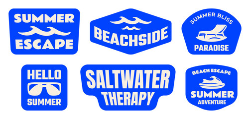 Retro Summer Beach Surf Stickers , Patches, Badges Collection Vector Illustration, Vintage Coastal Ocean Quote Label Graphics for T-Shirt Prints, Posters, Scrapbook, Tropical Designs © Whiskerz