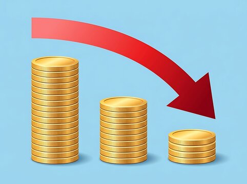 Three stacks of gold coins with decreasing height and a large red arrow pointing downwards indicating financial decline or decrease in value over time  financial crisis and economy concept