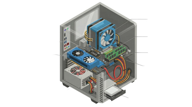 Isometric illustration of computer internal hardware, detailing essential components motherboard, processor, memory, graphics card, and power supply unit within a desktop PC