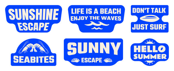 Retro Summer Beach Stickers, Patches, Badges Collection Vector Illustration, Vintage Coastal Quote Label Graphics for T-Shirt Prints, Posters, Scrapbook, Tropical Designs © Whiskerz