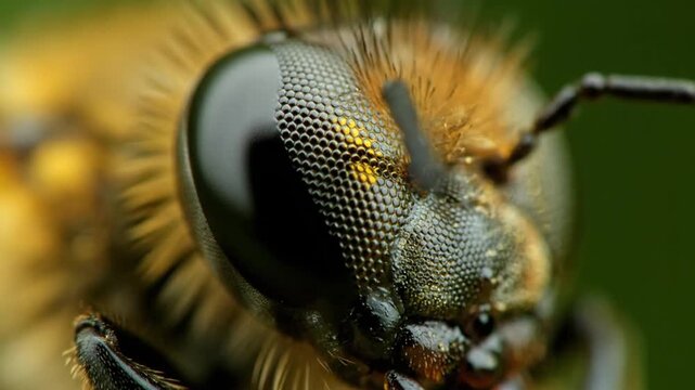 Macro footage reveals the intricate detail of a honey bee's compound eye and golden hairs. The camera captures the complex textures of the insect's head against a soft green background.