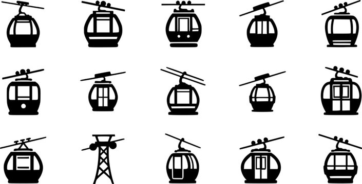 Mountain tourism and aerial transportation icon set featuring four simple black silhouettes of minimalist cable cars &ndash; Black and White Vector Illustration