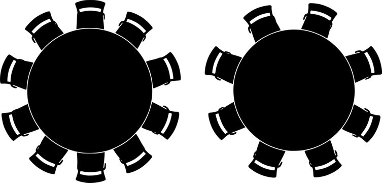 Interior floor plan and restaurant furniture icon set featuring top view simple black silhouettes of two round tables and chairs &ndash; Black and White Vector Illustration