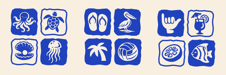 Retro Beach & Marine Life Icon Set Flat Vector Illustration, Tropical Summer Themed elements with Sea turtle, Diving Fins, Cocktail, Flip-Flops, Starfish, Sun, Crab for T-Shirt Print, Poster, Coastal  © Whiskerz