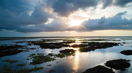 Fototapeta premium A breathtaking sunset casting light over rocky shores adorned with patches of greenery, symbolizing the connection between land and sea in a tranquil maritime landscape.