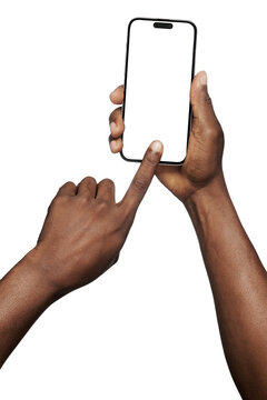 Mobile smart phone screen mock up, white smartphone display mockup in black hand with finger tapping, pointing isolated on white background. iphone