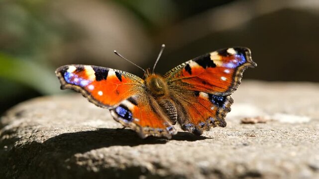 A vibrant peacock butterfly rests on a sunlit stone, gracefully opening its colorful wings to reveal striking blue eyespots before slowly folding them again in the warm outdoor light.