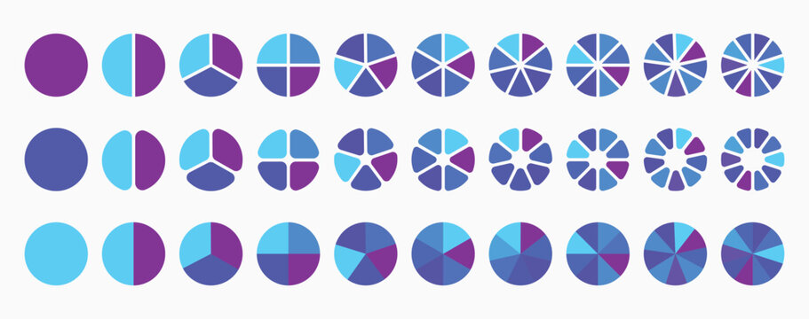 Pie chart set. Colorful diagram collection with sections or steps.Circle pie chart diagram. Set of colorful pie charts with varying segments. eps