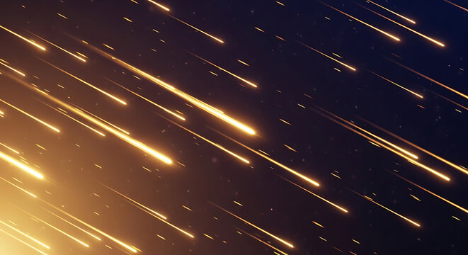 Dynamic abstract illustration of numerous golden light trails descending rapidly across a deep cosmic background, evoking speed, energy, and a meteor shower