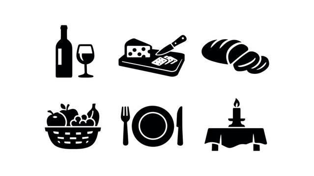Six black food and dining icons including a wine bottle and glass, cheese board, loaf of bread, fruit basket, place setting, and candlelit table.