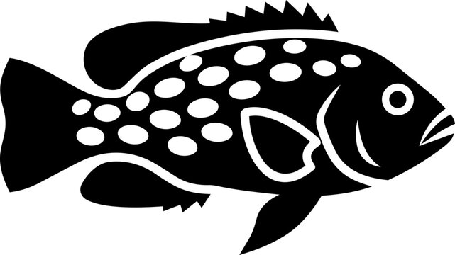 Black and White Stylized Grouper Fish Silhouette Vector Icon for Marine Design