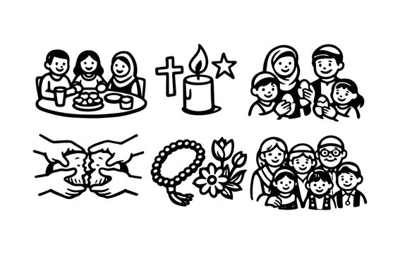 A set of bold line interfaith icons showing diverse families sharing a meal, a candle with cross and star, people praying, hands breaking bread, a rosary with flowers 